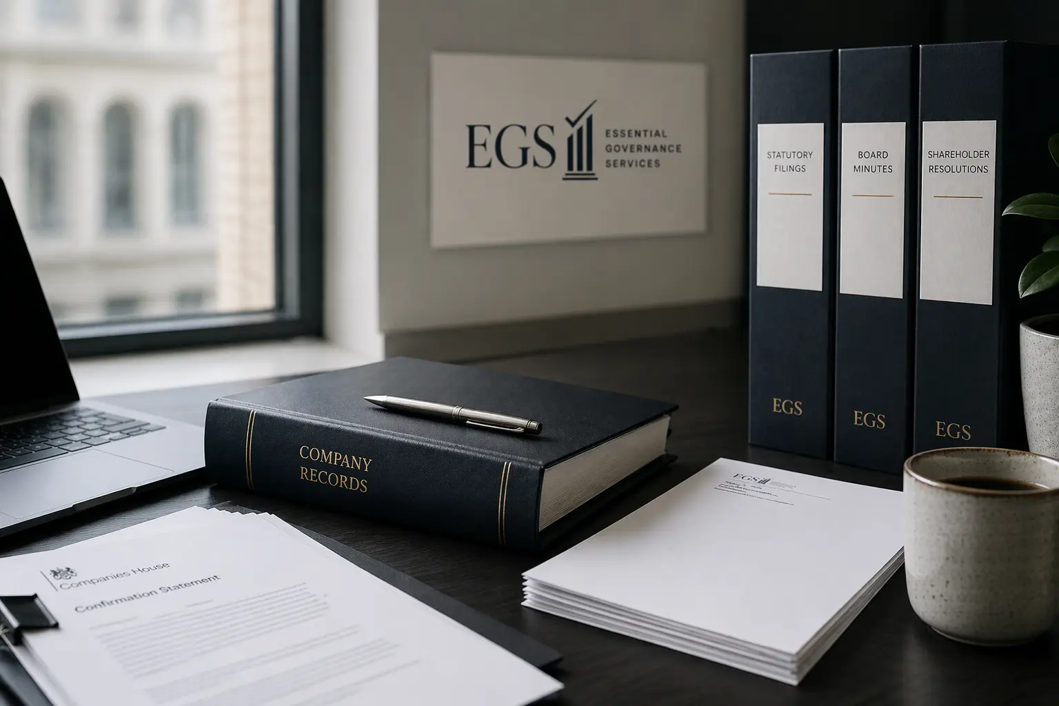 Desk with company records, binders and working documents